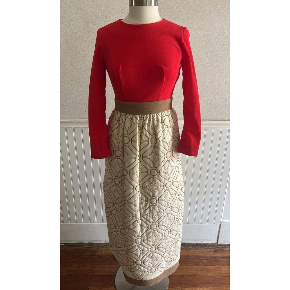 60s Long Sleeve Maxi Dress Red Velvet Top Quilted Look Embroidered Skirt XS